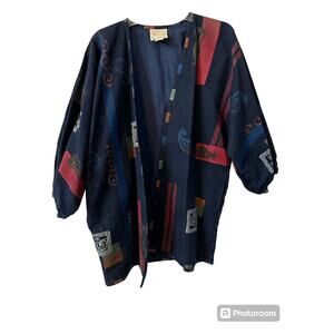 Vtg Alegre Hand Painted Artsy Jacket NAVY Abstract Balloon Sleeve SZ ONE SZ
